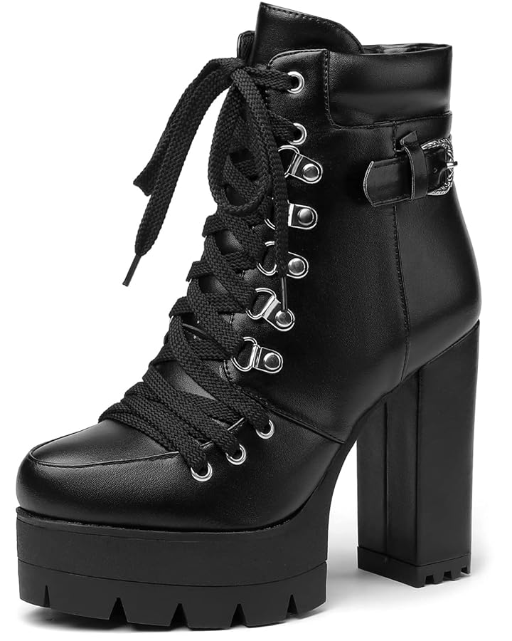 Amazon Susanny Platform Heel Boots Womens Black Sexy High Heels Harley Steampunk Heeled Combat Boots Shoes Lace UP Short Ankle Booties 6 Ankle Bootie
